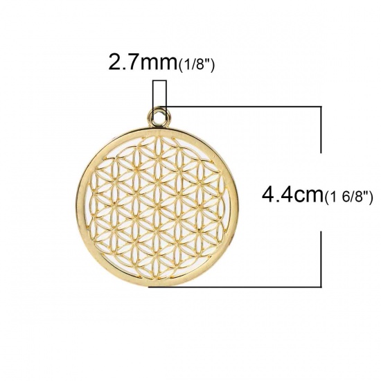 Picture of Zinc Based Alloy Flower Of Life Pendants Round Gold Plated Hollow Carved 44mm(1 6/8") x 40mm(1 5/8"), 3 PCs