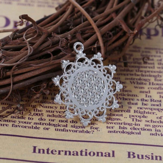 Picture of Zinc Based Alloy Flower Of Life Pendants Silver Tone Hollow Carved 34mm(1 3/8") x 30mm(1 1/8"), 10 PCs