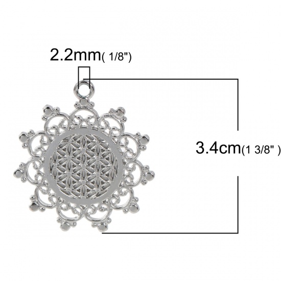 Picture of Zinc Based Alloy Flower Of Life Pendants Silver Tone Hollow Carved 34mm(1 3/8") x 30mm(1 1/8"), 10 PCs