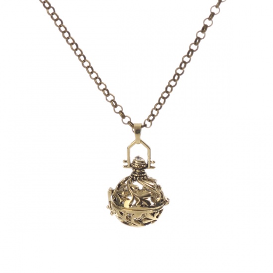 Picture of Sweater Necklace Long Antique Bronze Mexican Angel Caller Bola Harmony Ball Wish Box Leaf Pattern Hollow ( Fit Beads Size: 16mm ) 82.5cm(32 4/8") long, 1 Piece
