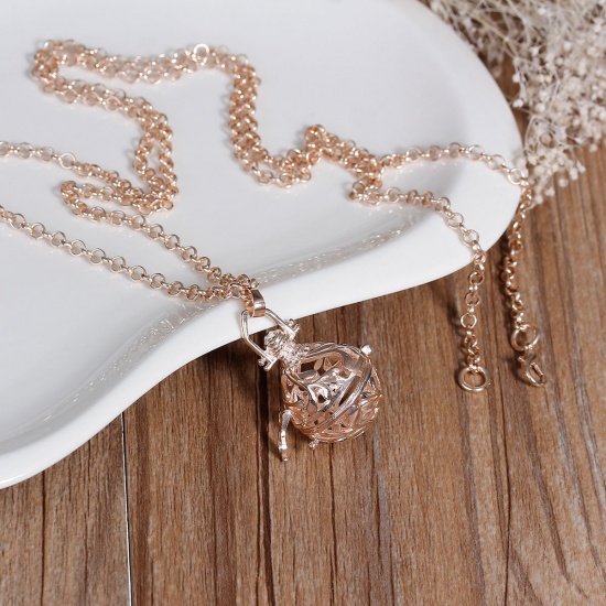 Picture of Sweater Necklace Long Rose Gold Mexican Angel Caller Bola Harmony Ball Wish Box Leaf Hollow ( Fit Beads Size: 16mm ) 82.5cm(32 4/8") long, 1 Piece