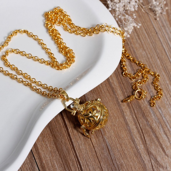 Picture of Sweater Necklace Long Gold Plated Mexican Angel Caller Bola Harmony Ball Wish Box Leaf Pattern Hollow ( Fit Beads Size: 16mm ) 80.5cm(31 6/8") long, 1 Piece