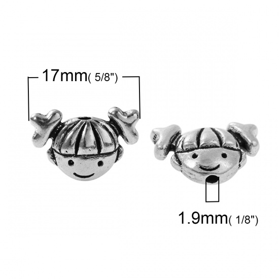 Bild von Zinklegierung 3D Zwischenperlen Spacer Perlen Mädchen Kopf Antiksilber ca. 17mm x 11mm, 30 Stücke