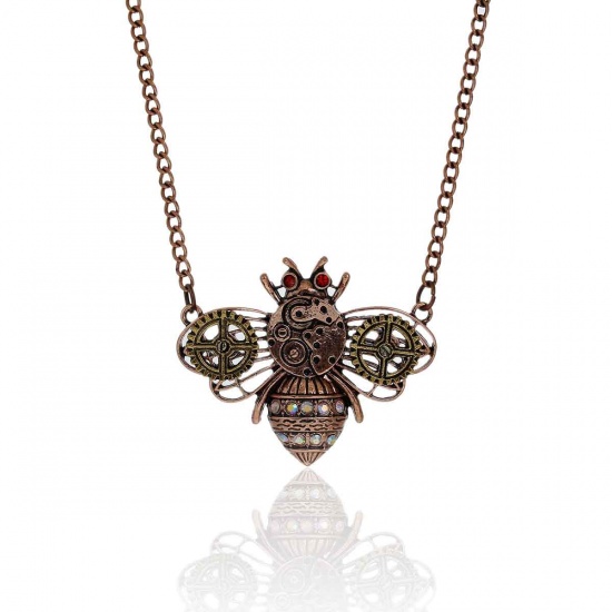 Picture of New Fashion Steampunk Necklace Link Curb Chain Antique Copper Bees Gear Connector With Multicolor Rhinestone 61.0cm(24") long, 1 Piece