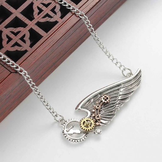 Picture of New Fashion Steampunk Necklace Link Curb Chain Antique Silver Wing Gear Connector 63.2cm(24 7/8") long, 1 Piece