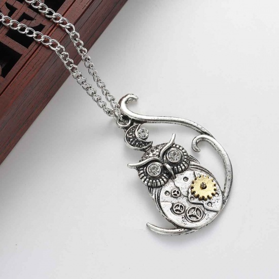 Picture of Halloween Steampunk Necklace Link Curb Chain Antique Silver Owl Moon Gear Pendant With Clear Rhinestone 57.5cm(22 5/8") long, 1 Piece