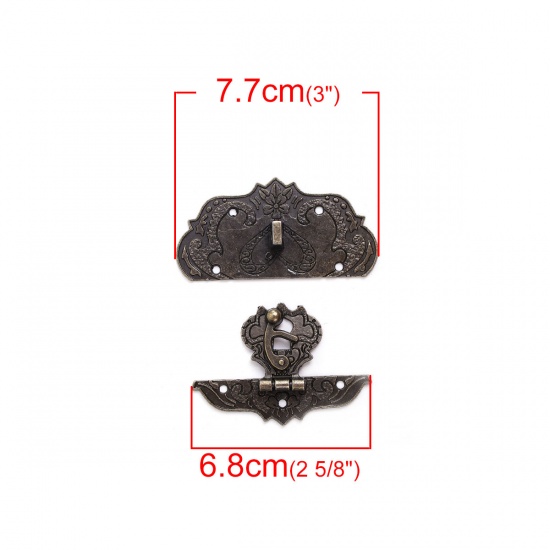 Picture of Zinc Based Alloy Cabinet Box Lock Catch Latches Antique Bronze Pattern Carved 77mm x38mm(3" x1 4/8") 68mm x48mm(2 5/8" x1 7/8"), 2 Sets