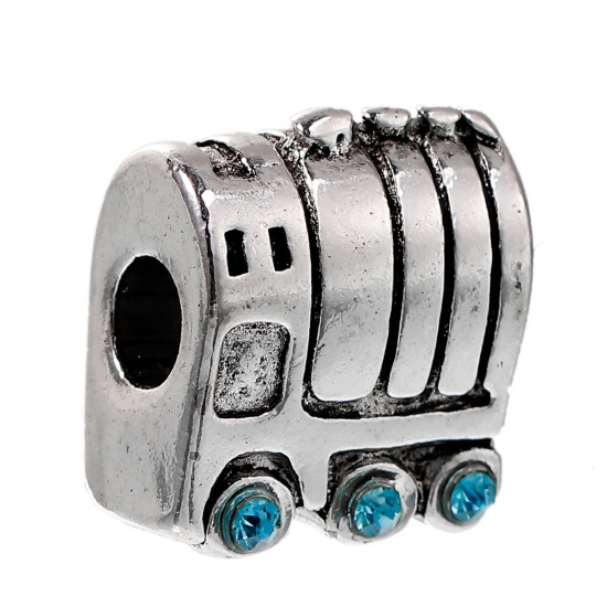 Picture of Zinc Based Alloy European Style Large Hole Charm Beads Train Antique Silver Blue Rhinestone About 17mm x15mm( 5/8" x 5/8") - 16mm x15mm( 5/8" x 5/8"), Hole: Approx 5.0mm, 3 PCs