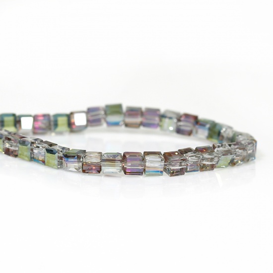 Picture of Glass Loose Beads Square Mauve & Green AB Rainbow Color Aurora Borealis Transparent Faceted About 3mm x 3mm, Hole: Approx 0.8mm, 31cm long, 1 Piece (Approx 100 PCs/Strand)