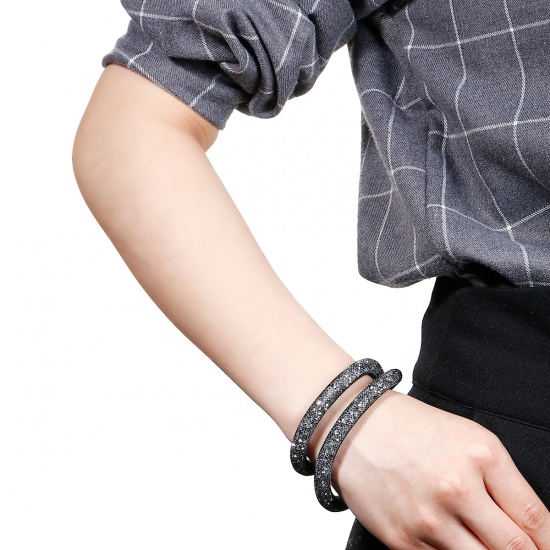 Picture of New Fashion Nylon Sparkledust Mesh Bracelets Double Layer Black Clear Rhinestone 41cm(16 1/8") long, 1 Piece