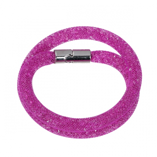 Picture of New Fashion Nylon Sparkledust Mesh Bracelets Double Layer Fuchsia Rhinestone 42cm(16 4/8") long, 1 Piece