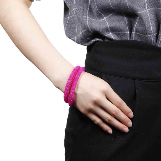 Picture of New Fashion Nylon Sparkledust Mesh Bracelets Double Layer Fuchsia Rhinestone 42cm(16 4/8") long, 1 Piece
