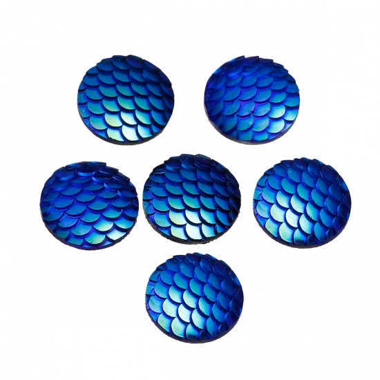 Picture of Resin Mermaid Fish /Dragon Scale Dome Seals Cabochon Round Blue AB Color 18mm( 6/8") Dia, 10 PCs