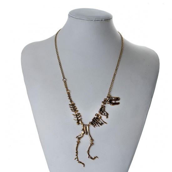 Immagine di Moda Nuova Lega di Zinco Dichiarazione Collana Scheletro Dinosauro Catena Singolare Oro Antico 55cm, 1 Pz