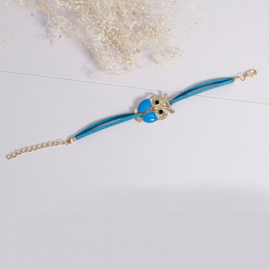 Picture of Bracelets Gold Plated Blue Faux Suede Velvet Cord Halloween Owl Connector Black Enamel 17cm(6 6/8") long, 1 Piece