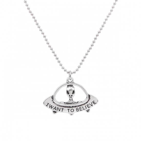 Picture of New Fashion Copper Necklace Alien Flying Saucer Antique Silver Message " I WANT TO BELIEVE " Carved 61.0cm(24") long, 1 Piece