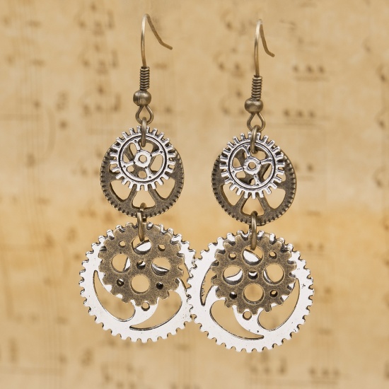 Picture of Steampunk Earrings Antique Bronze Gear 60mm(2 3/8") x 23mm( 7/8"), Post/ Wire Size: (21 gauge), 1 Pair