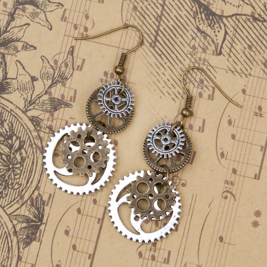 Picture of Steampunk Earrings Antique Bronze Gear 60mm(2 3/8") x 23mm( 7/8"), Post/ Wire Size: (21 gauge), 1 Pair