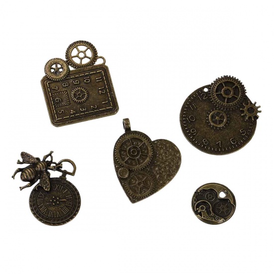 Bild von Steampunk Zinklegierung Charm Anhänger Mix Formen Zahnrad Bronzefarbe 50mm x 40mm, 1 Set(5 Stücke/Set)