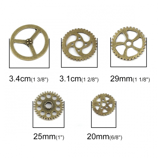 Bild von Steampunk Zinklegierung Charm Anhänger Mix Formen Zahnrad Bronzefarbe 20mm - 34mm D., 20 Stücke