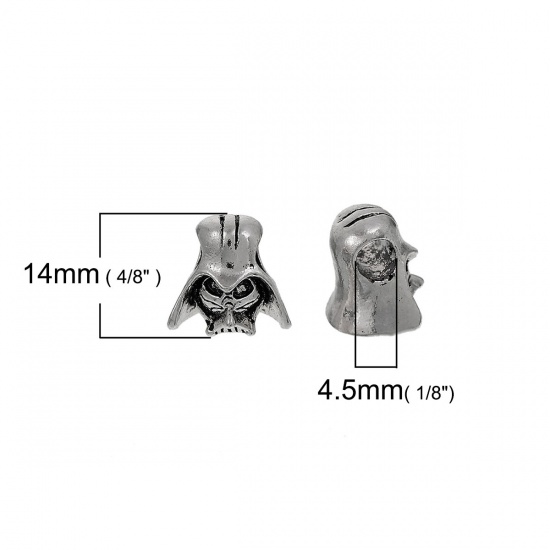 Immagine di Lega di Zinco Stile Europeo Fascino Perline Elmetto Argento Antico 3D Circa 14mm x 13mm, Foro: Circa 4.5mm, 5 Pz