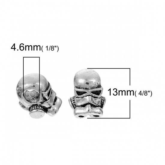 Immagine di Lega di Zinco Stile Europeo Fascino Perline Testa Umana Argento Antico 3D Circa 13mm x 11mm, Foro: Circa 4.6mm, 5 Pz