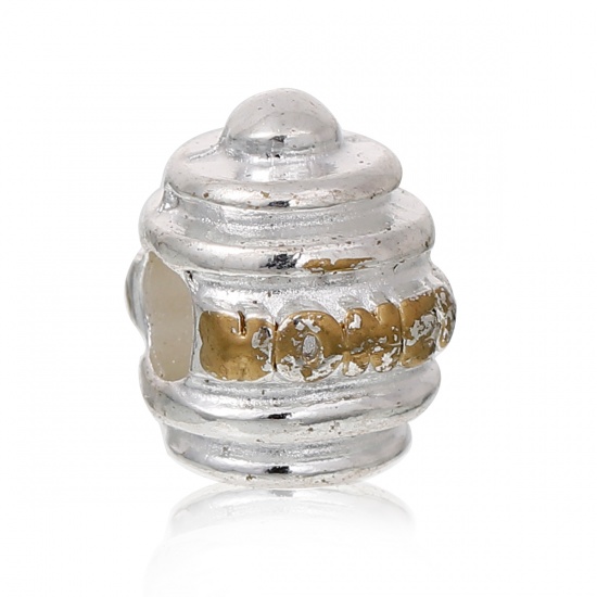 Picture of Zinc Based Alloy 3D European Style Large Hole Charm Beads Honey Pot Silver Plated Message " Honey " Carved About 12mm x 10mm, Hole: Approx 4mm, 5 PCs