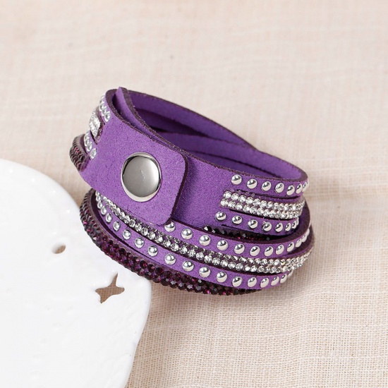 Picture of Faux Suede Velvet Slake Bracelets Purple Clear Rhinestone 40.5cm(16") long, 1 Piece