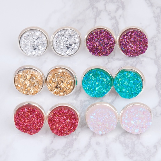 Picture of Copper Druzy/ Drusy Ear Post Stud Earrings Round Silver Plated Golden W/ Stoppers 16mm( 5/8") x 14mm( 4/8"), Post/ Wire Size: (20 gauge), 1 Pair