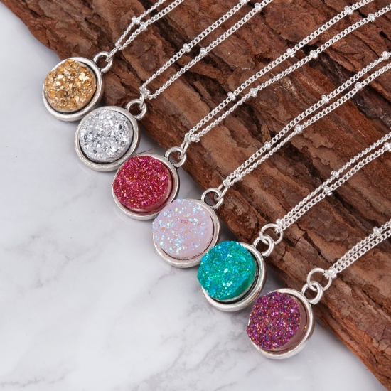 Picture of New Fashion Resin Druzy /Drusy Necklace Link Curb Chain Antique Silver Round Light Pink Pendant 48.5cm(19 1/8") long, 1 Piece