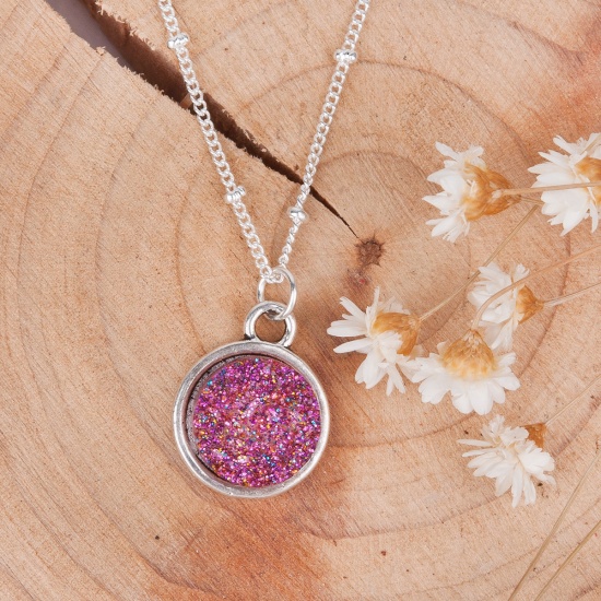 Picture of New Fashion Resin Druzy /Drusy Necklace Link Curb Chain Antique Silver Round Purple Pendant 48.5cm(19 1/8") long, 1 Piece