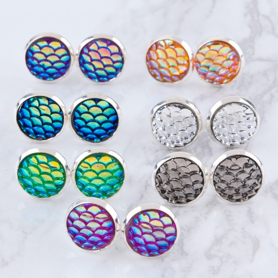 Picture of Copper & Resin Mermaid Fish/ Dragon Scale Ear Post Stud Earrings Round Silver Plated Silver Tone W/ Stoppers 15mm( 5/8") x 12mm( 4/8"), Post/ Wire Size: (21 gauge), 1 Pair