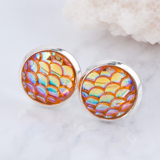 Picture of Copper & Resin Mermaid Fish/ Dragon Scale Ear Post Stud Earrings Round Silver Plated Orange AB Color W/ Stoppers 15mm( 5/8") x 12mm( 4/8"), Post/ Wire Size: (21 gauge), 1 Pair