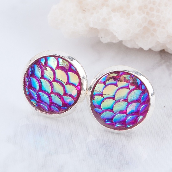 Picture of Copper & Resin Mermaid Fish/ Dragon Scale Ear Post Stud Earrings Round Silver Plated Fuchsia AB Color W/ Stoppers 15mm( 5/8") x 12mm( 4/8"), Post/ Wire Size: (21 gauge), 1 Pair