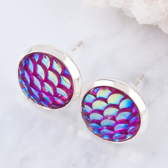 Picture of Copper & Resin Mermaid Fish/ Dragon Scale Ear Post Stud Earrings Round Silver Plated Fuchsia AB Color W/ Stoppers 15mm( 5/8") x 12mm( 4/8"), Post/ Wire Size: (21 gauge), 1 Pair