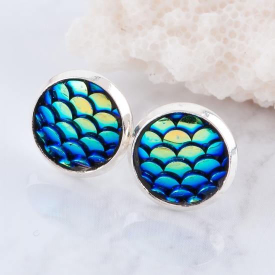 Picture of Copper & Resin Mermaid Fish/ Dragon Scale Ear Post Stud Earrings Round Silver Plated Blue AB Color W/ Stoppers 15mm( 5/8") x 12mm( 4/8"), Post/ Wire Size: (21 gauge), 1 Pair