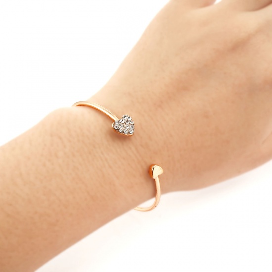 Picture of Copper Open Cuff Bangles Bracelets Gold Plated Heart Clear Rhinestone 18cm(7 1/8") long, 1 Piece