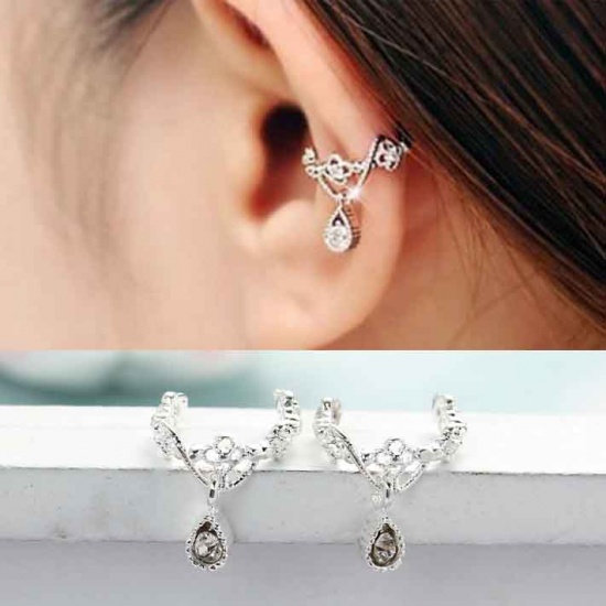 Picture of New Fashion Ear Cuffs Clip Wrap Earrings Drop Silver Plated Clear Rhinestone 11mm( 3/8") x 10mm( 3/8"), 1 Piece