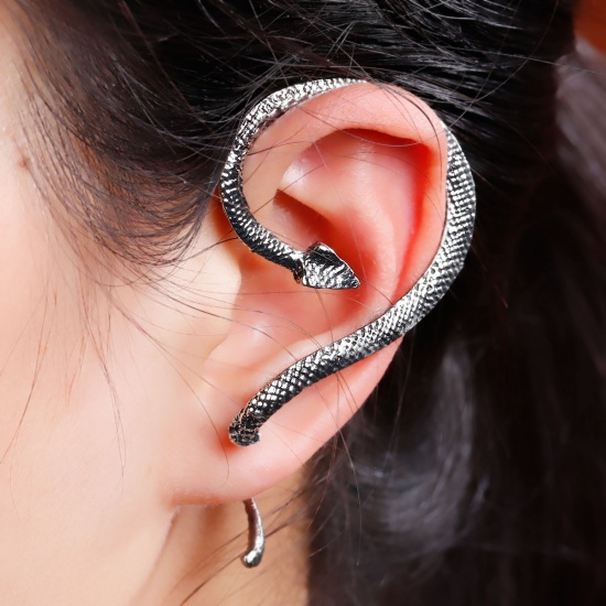 Picture of Ear Cuff Wrap Earrings Clip On Stud Set For Left Ear Snake Antique Silver W/ Stoppers 50mm(2") x 40mm(1 5/8"), Post/ Wire Size: (21 gauge), 1 Piece