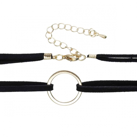 Picture of Faux Suede Velvet Choker Necklace Black Cord Gold Plated Round Circle Connector 35cm(13 6/8") long, 1 Piece