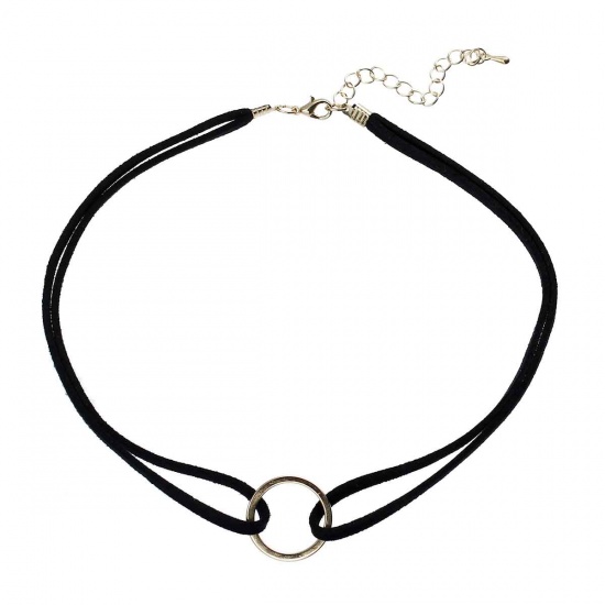 Picture of Faux Suede Velvet Choker Necklace Black Cord Gold Plated Round Circle Connector 35cm(13 6/8") long, 1 Piece