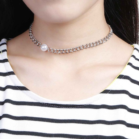 New Fashion Choker Necklace Link Curb Chain Silver Tone White Acrylic Pearl Imitation 32cm(12 5/8") long, 1 Piece