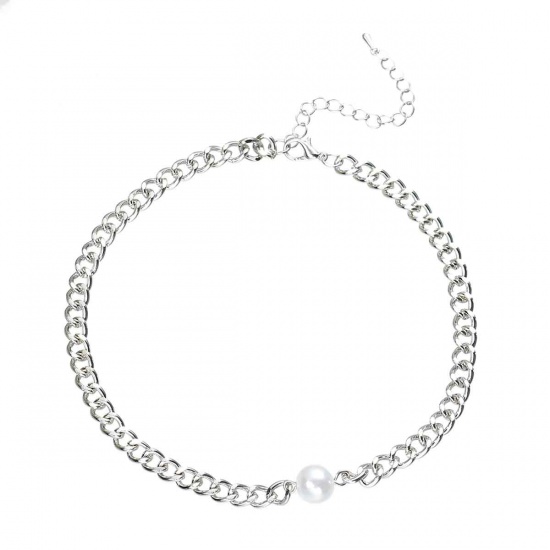 Picture of New Fashion Choker Necklace Link Curb Chain Silver Tone White Acrylic Pearl Imitation 32cm(12 5/8") long, 1 Piece
