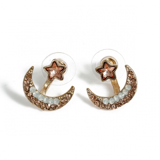 Picture of Ear Jacket Stud Earrings Star Half Moon Gold Plated Peachy Beige & Clear Rhinestone W/ Stoppers 6mm x6mm( 2/8" x 2/8") 16mm( 5/8") x 14mm( 4/8"), Post/ Wire Size: (21 gauge), 1 Pair