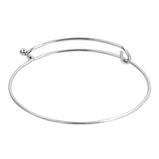 Picture of 304 Stainless Steel Expandable Charm Bangles Bracelets Single Bar Round Silver Tone Can Open 20.5cm(8 1/8") long, 1 Piece