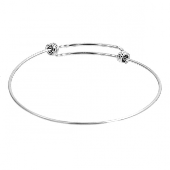 Picture of 304 Stainless Steel Expandable Charm Bangles Bracelets Double Bar Round Silver Tone 21cm(8 2/8") long, 1 Piece
