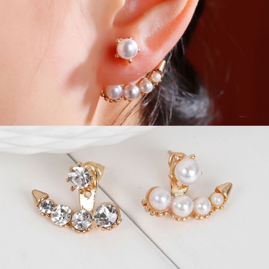 Immagine di Moda Nuova Acrilato & Ottone Ear Giacca Orecchini Freccia Oro Placcato Bianco Trasparente Strass Perla Imitata W / Tappi 8mm x 7mm 5mm x 5mm, Filo Dimensione: (21 gauge), 1 Paio