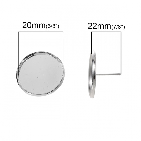 Immagine di Ottone Orecchini a Perno Accessori Tondo Argento Placcato Basi per Cabochon (Addetti: 20mm) W/Tappi 22mm x 14mm posta / filo: ( 0.7mm )， 10 Pz