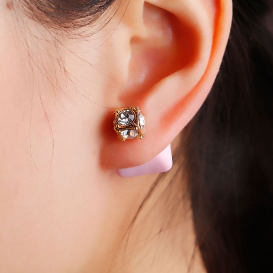 Picture of Double Sided Ear Post Stud Earrings Square Gold Plated Clear Rhinestone Acrylic Light Pink Imitation Rubber 8mm( 3/8") x 8mm( 3/8") 15mm x15mm( 5/8" x 5/8"), Post/ Wire Size: (21 gauge), 1 Pair