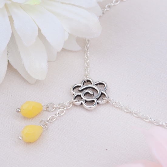 Picture of New Fashion Anklet Flower Connector Link Cable Chain Silver Plated With Yellow Beads 21cm(8 2/8") long, 1 Piece